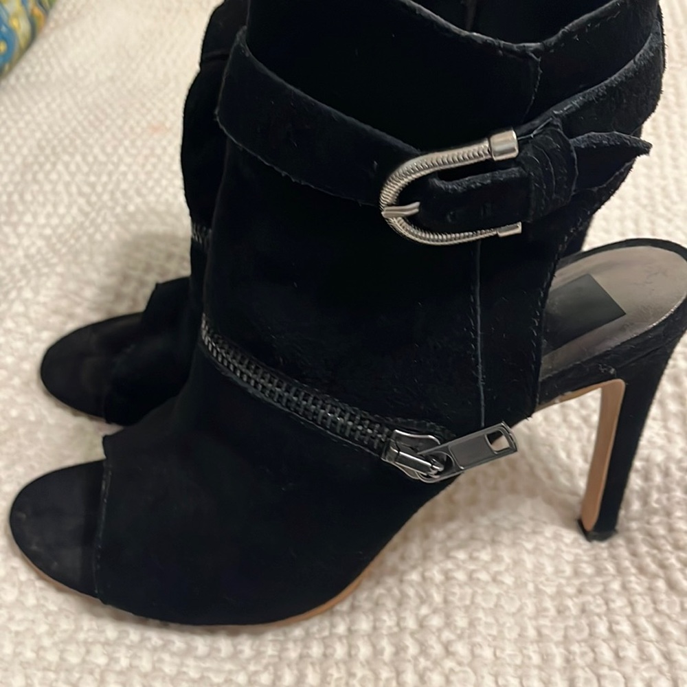 Dolce Vita Black Ankle Suede Open Toed Heels Sz 7.5 Zipper Buckle Detail